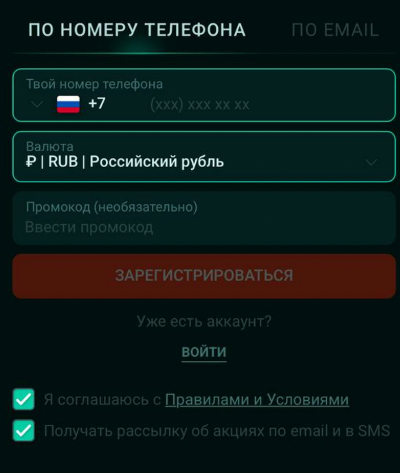 &nbsp;Форма регистрации в Pinco casino